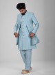 Art Silk Nehru Jacket Set In Sky Blue Color